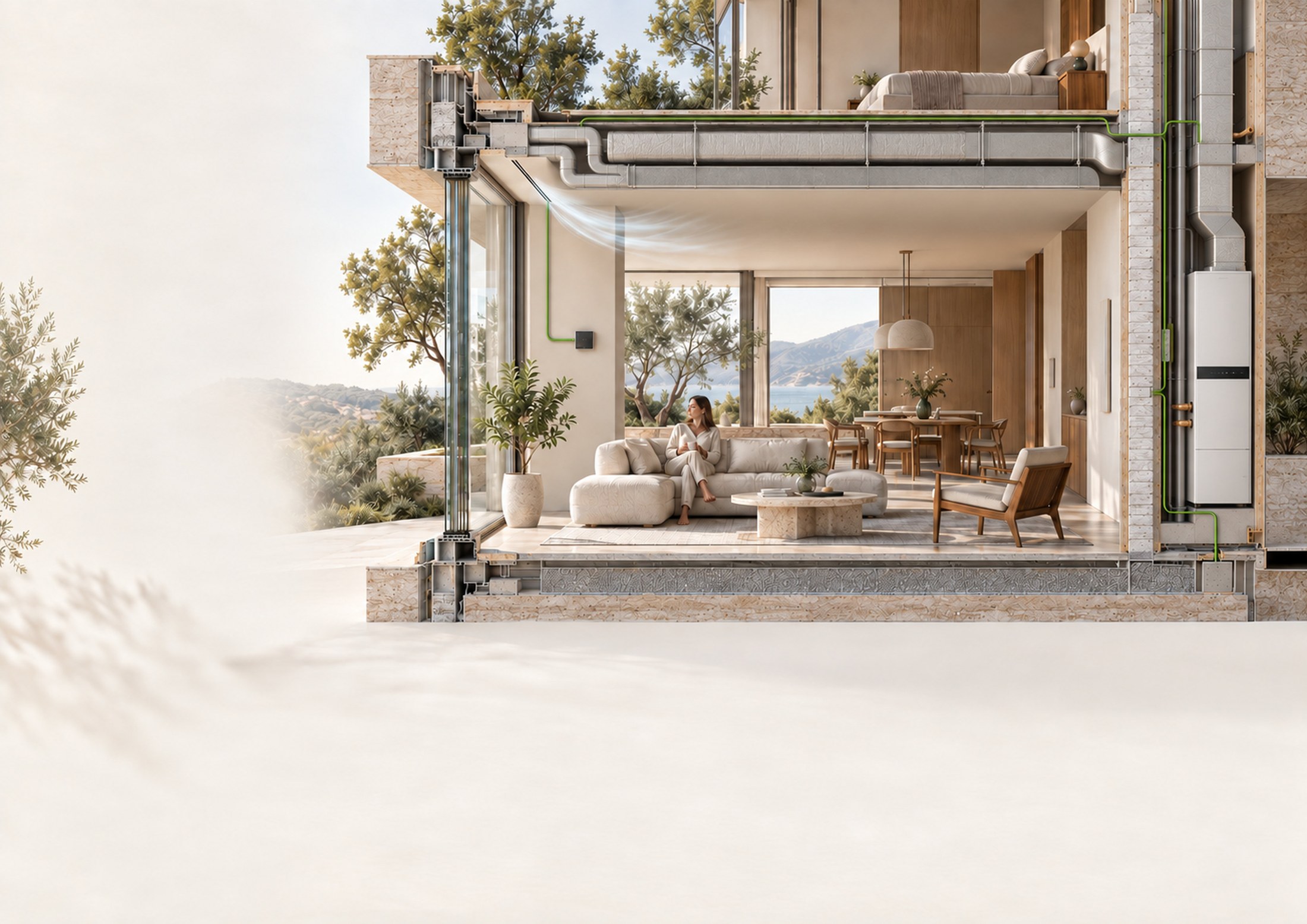 Conceptual cutaway of integrated air distribution and equipment in a home